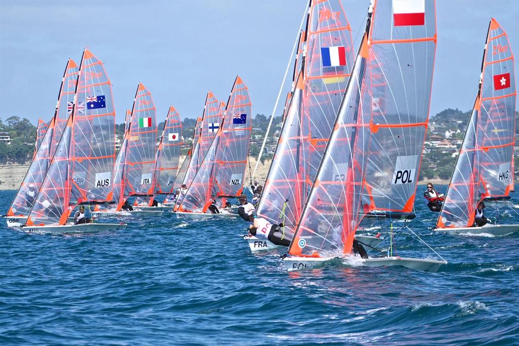 Start Womens 29er - Aon Youth Worlds 2016, Torbay, Auckland, New Zealand, Day 2 © Richard Gladwell www.photosport.co.nz